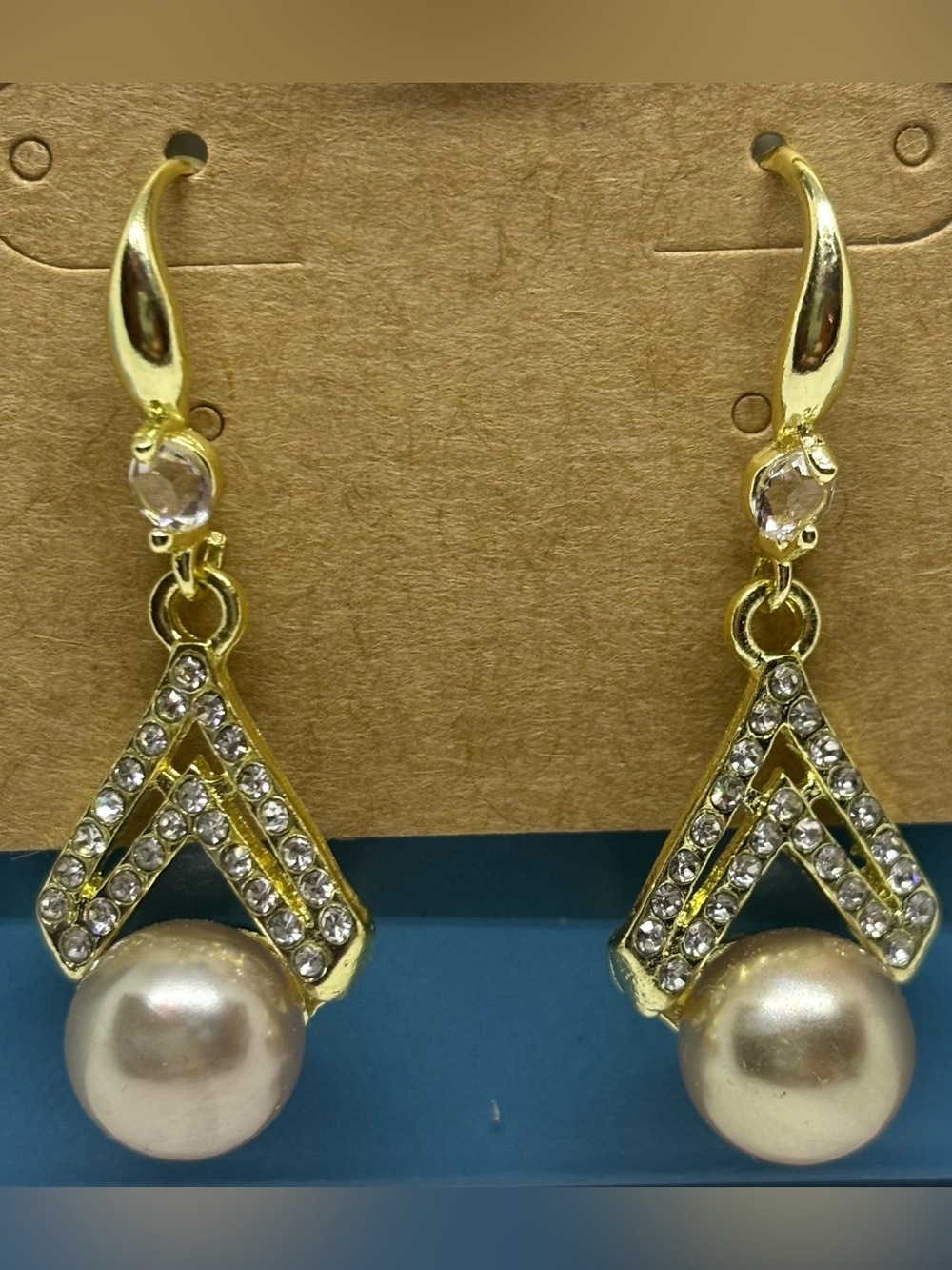 Gold-Tone Pearl Drop Earrings with Crystal Accents